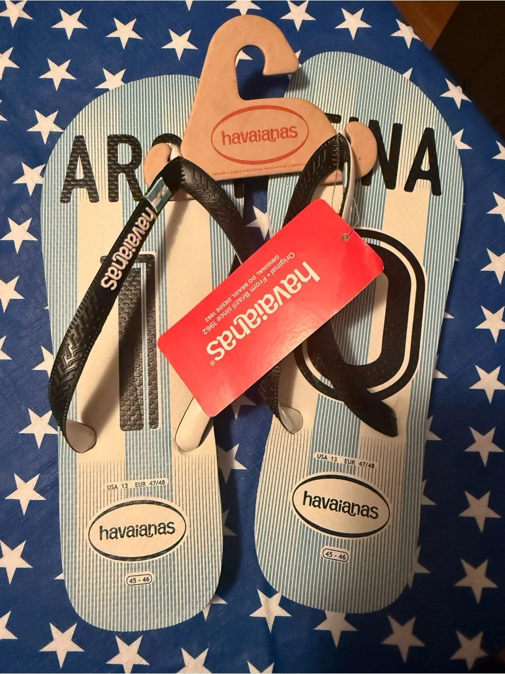 Havaianas Argentine Blue & White Stripe Flip Flops with Black Straps brand new